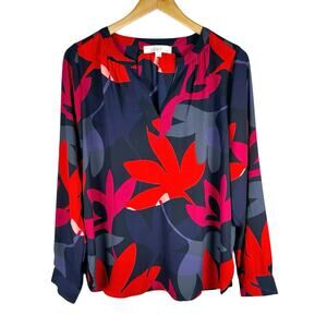 Ann Taylor Loft Petite Small Bold Floral V-Neck Tunic Blouse Red Multi Career